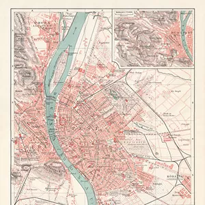 City map of Budapest, capital of Hungary, lithograph, published 1897