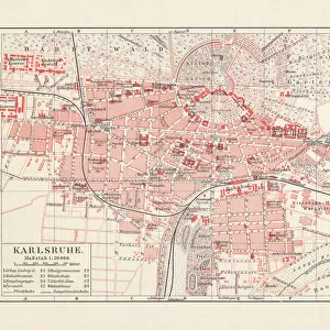 City map of Karlsruhe, Baden-WAOErttemberg, Germany, lithograph, published in 1897