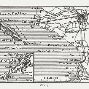 City map of Lima and surroundings, Peru, woodcut, published 1897