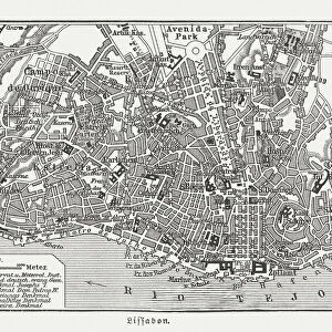 City map of Lisbon, capital of Portugal, woodcut, published 1897