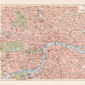 City map of London, England, downtown district, lithograph, published 1897