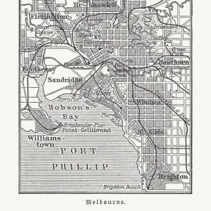 City map of Melbourne, Australia, wood engraving, published in 1897