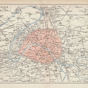 City map of Paris, lithograph, published in 1877