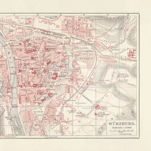 City map of WAOErzburg, Bavaria, Germany, lithograph, published in 1897