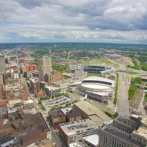 Cleveland city view with baseball and basketball stadiums Cleveland city view with baseball and basketball stadiums
