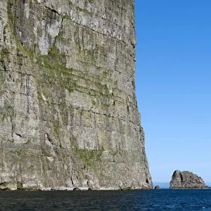 Cliffs and sea, rock formation off the beach, Fugloy, Norooyar, Faroe Islands, Denmark