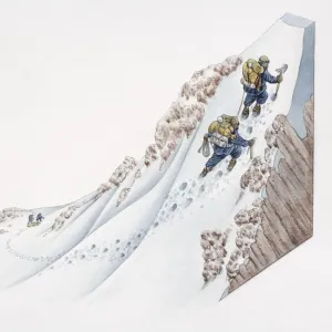 Two climbers with backpacks climbing snowy mountain-side using mallets, section