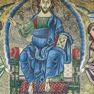 Close up of the 13th century Byzantine Mosaic panel depicting Christ Pantocrator on the Basilica of San Frediano, a Romanesque church, Lucca, Tunscany, Italy Close up of the 13th century Byzantine Mosaic panel depicting Christ Pantocrator on the Basilica of San Frediano, a Romanesque church, Lucca, Tunscany, Italy