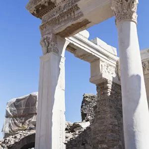 A close up look at reconstructed columns of the Ephesus ancient city historic site in Selcuk