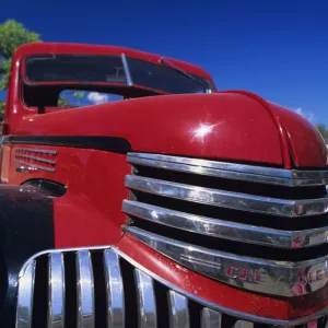 Close up of front of red classic car, New Mexico, USA