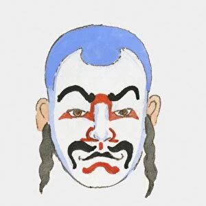 close-up, evil, human face, illustrative technique, japanese ethnicity, kabuki, looking at camera