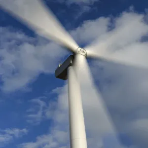 Close-Up of Renewable Energy Wind Turbine in Motion at the Scout Moor Wind Farm, Bury, Scout Moor, Hail Storm Hill, North West England, United Kingdom