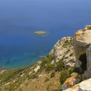 Coast, cliffs, rocks, blue sea, view from Mount Moutti tis Sotiras, Baths of Aphrodite, Akamas, Southern Cyprus, Republic of Cyprus, Mediterranean Sea, Europe Coast, cliffs, rocks, blue sea, view from Mount Moutti tis Sotiras, Baths of Aphrodite, Akamas, Southern Cyprus, Republic of Cyprus, Mediterranean Sea, Europe
