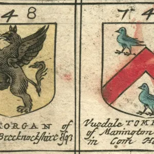 17th Century Print of Morgan and Tomkins Coat of Arms Engraving 17th Century Print of Morgan and Tomkins Coat of Arms Engraving
