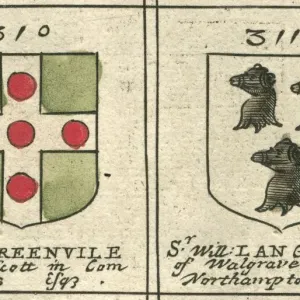 17th Century Copperplate Print of Greenville and Langham Coats of Arms 17th Century Copperplate Print of Greenville and Langham Coats of Arms