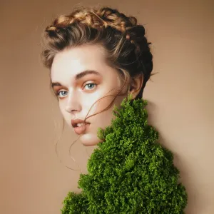 Collage with female portrait and green plant Collage with female portrait and green plant