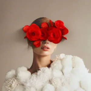 Collage with female portrait and red flowers Collage with female portrait and red flowers