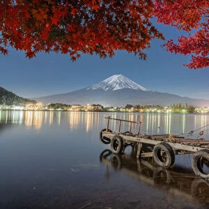Colorful Autumn Season and Mountain Fuji with leaves at lake Kawaguchiko is one of the