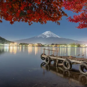 Colorful Autumn Season and Mountain Fuji with leaves at lake Kawaguchiko is one of the