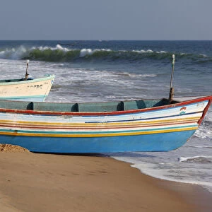 Colorful fishing boats on the beach, Somatheeram Beach, Malabarian Coast, Malabar, Kerala, India, Asia