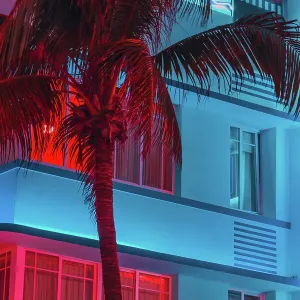 The colorful waterfront of the famous Ocean Drive in Miami Beach at night