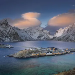 Colorful winter sunrise in the fishing village of Reine, Lofoten archipelago, Norway