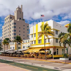 Colourful Art Deco hotels along Ocean Drive, South Beach, Miami, USA