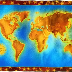 Colourful map of world, with winking sun in corner (Composite) Colourful map of world, with winking sun in corner (Composite)