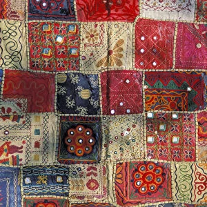 Colourful patchwork carpet with small mirrors, Rajasthan, India, Asia