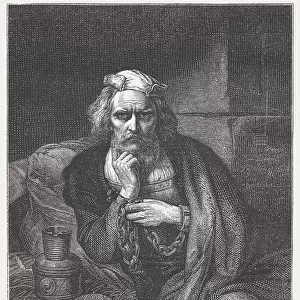Columbus in chains, wood engraving, published c. 1882