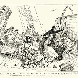 Comic sketch of passengers travelling to America on a steamer 1880s