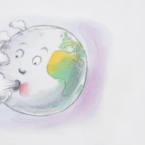 Comical depiction of Earth globe with face blowing clouds from mouth