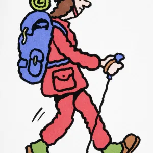 Comical depiction of Polar explorer with heavy backpack, holding ski poles