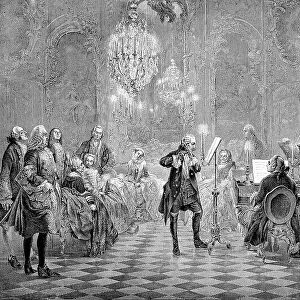 A concert by Frederick the Great, 1712 to 1786, here in Potsdam, Germany, Historisch, historical, digitally improved reproduction of an original from the 19th century, digitally restored reproduction of an original from the 19th century