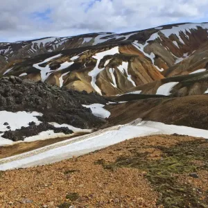 Cooled lava field with snow fields in a volcanic landscape, Landmannalaugar, Iceland, Europe Cooled lava field with snow fields in a volcanic landscape, Landmannalaugar, Iceland, Europe