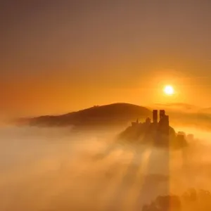 Corfe Castle Print in Dawn Mist Corfe Castle Print in Dawn Mist