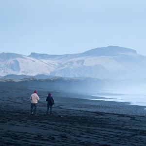 A couple are walking along the Viks black beach
