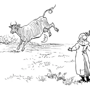A milkmaid watches as a cow leaps over the moon in this print A milkmaid watches as a cow leaps over the moon in this print