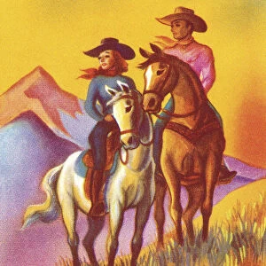 Cowboy and Cowgirl Riding Horses