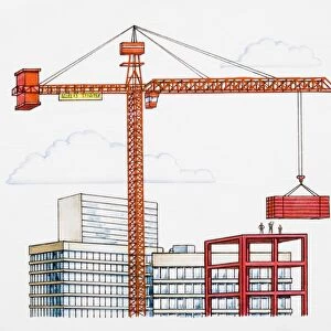 Crane lifting building materials above skyscrapers