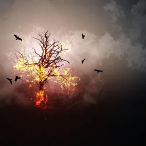 Creative burning tree with flying birds