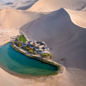 Crescent Lake Print with Buddhist Temple in Kumtag Desert Crescent Lake Print with Buddhist Temple in Kumtag Desert