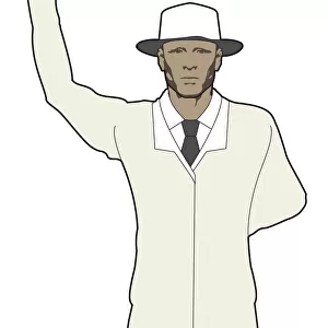 Cricket umpire signalling bye, one hand raised, other hand behind back