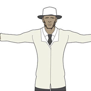 Cricket umpire signalling wide, both arms out to side