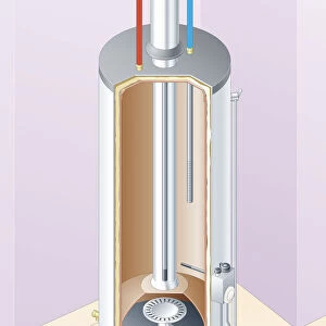 Cross section digital illustration of a gas water heater showing cold in, hot out, chimney running through centre of tank, and burner
