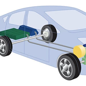 Cross section digital illustration of hybrid car showing power split unit, electric motor, generator starter, battery and petrol tank