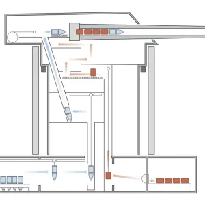 Cross section digital illustration of mechanism inside World War One US battleship turret gun