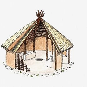 Cross section illustration of early wooden circular house with thatched roof, Banpo, Shaaxi, China