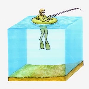 Cross section illustration of freshwater fisherman in float tube wearing flippers for propulsion in water