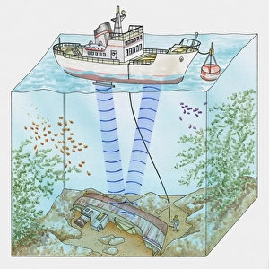 Cross section illustration of measuring distance from surface of water to ship on ocean floor using